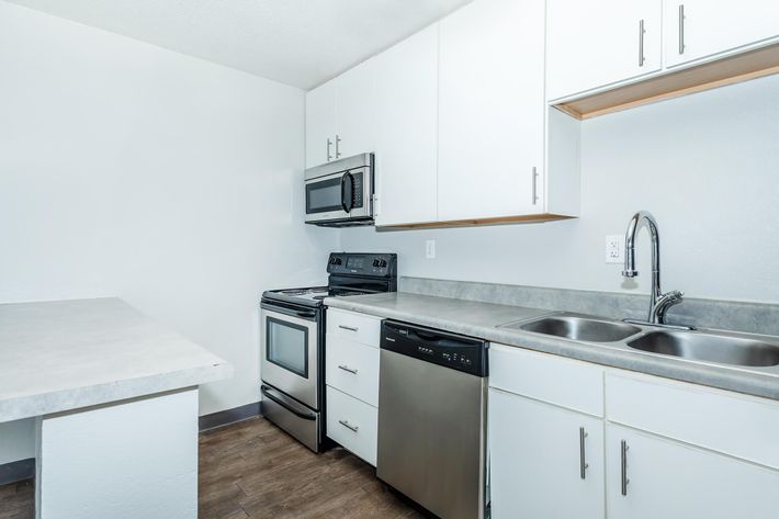 A modern kitchen featuring white cabinetry, stainless steel appliances including a microwave, oven, and dishwasher, a double sink, and a gray countertop. The walls are light-colored, and the flooring is a wood-like laminate, creating a clean and contemporary look.