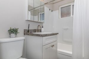 A clean and modern bathroom featuring a white toilet, a sink with a granite countertop, and a wall-mounted mirror. There is a white shower curtain and a small potted plant on the counter, adding a touch of greenery. Natural light filters through a small window above the bathtub.
