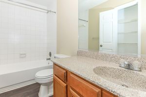 A clean bathroom featuring a white tiled shower area, a bathtub with a shower curtain, a wooden vanity with a speckled countertop, and a modern mirror. The space includes a toilet and has a neutral color scheme, creating a bright and airy atmosphere.