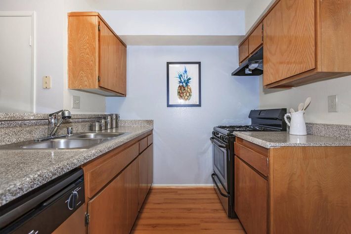 Modern kitchen featuring wooden cabinets, a granite countertop, and stainless steel appliances. A gas stove is situated between a sink and a decorative framed artwork of a pineapple on the wall. The space has a clean design with light-colored walls and warm wooden flooring.
