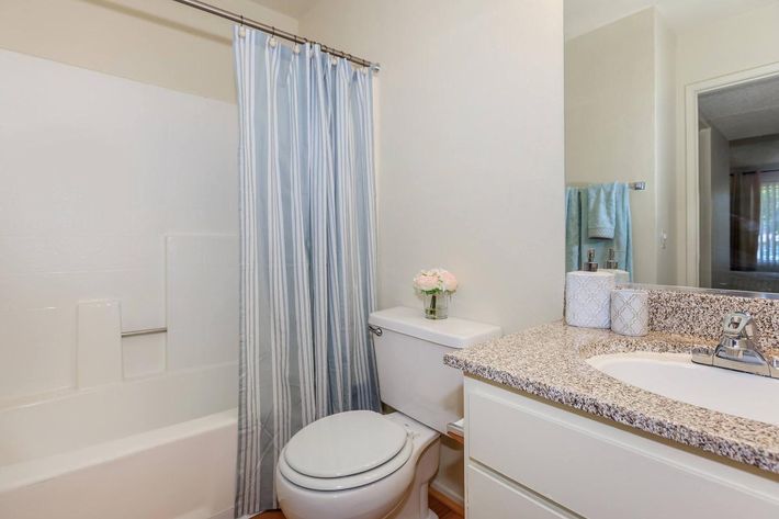 A clean, modern bathroom featuring a bathtub with a white shower curtain, a toilet, and a sink with a granite countertop. There is a small bouquet of flowers on the counter and a teal towel hanging nearby. The walls are painted light, creating a bright and inviting atmosphere.