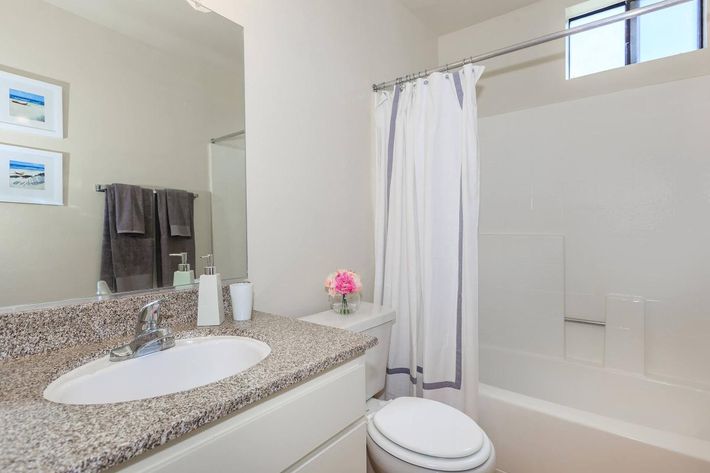 A modern bathroom featuring a white shower curtain, a granite countertop with a sink, and a toilet. There are two framed beach photographs on the wall, a vase with pink flowers on the countertop, and gray towels hanging nearby. Natural light streams in from a small window.