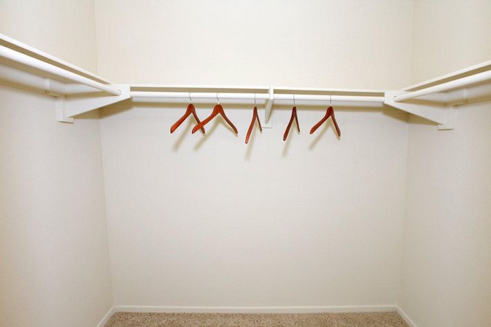 Empty closet with white walls and brown wooden hangers hanging from two horizontal rods. The floor is carpeted, and there are no other objects or clothing in the closet.
