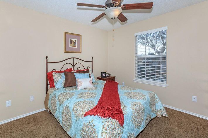 A cozy bedroom featuring a queen-sized bed with a blue and beige patterned comforter and decorative pillows. A bright red throw blanket is draped across the bed. The room has light beige walls, a ceiling fan, a window with white blinds, and a small nightstand with a lamp. A framed picture hangs above the bed.