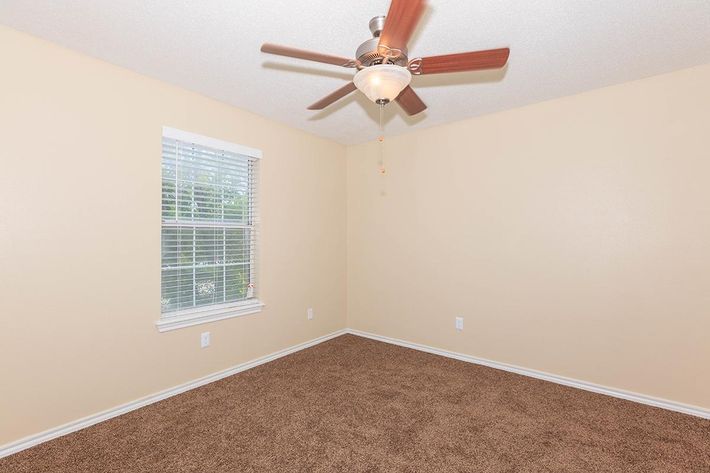 Empty room with light beige walls and brown carpet. A ceiling fan with wooden blades is installed in the center. There’s a window on the left with white blinds allowing natural light to enter. The room is unfurnished, creating a spacious and neutral backdrop.