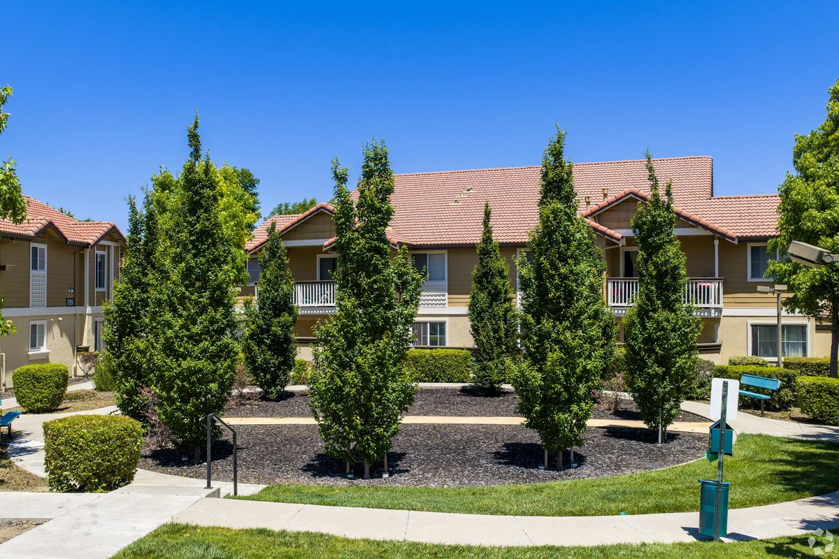 A landscaped area featuring neatly trimmed trees and shrubs surrounding a courtyard in front of a multi-unit residential building. The sunny sky and manicured grass enhance the pleasant, inviting atmosphere. Balconies are visible on the upper floors of the building.