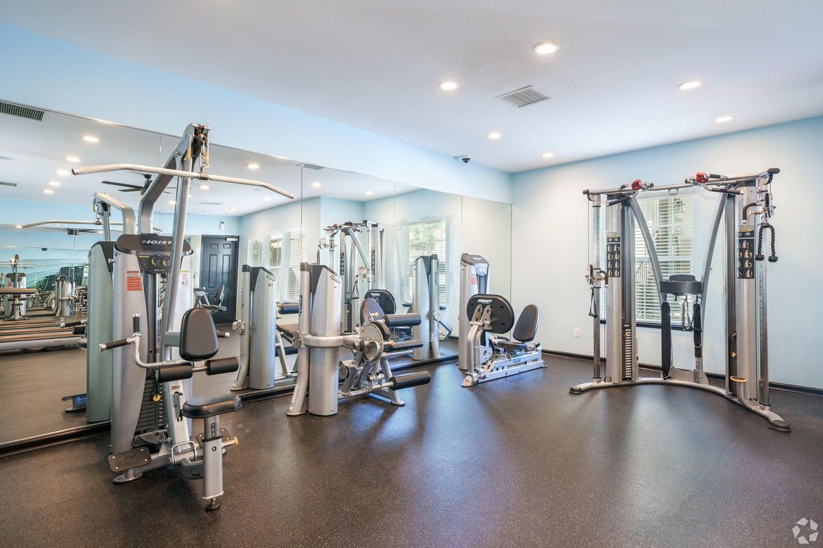 A modern gym interior featuring various exercise machines including weight machines, cardio equipment, and a mirrored wall. The space is well-lit with soft overhead lights, showcasing a clean and organized setup for fitness activities.