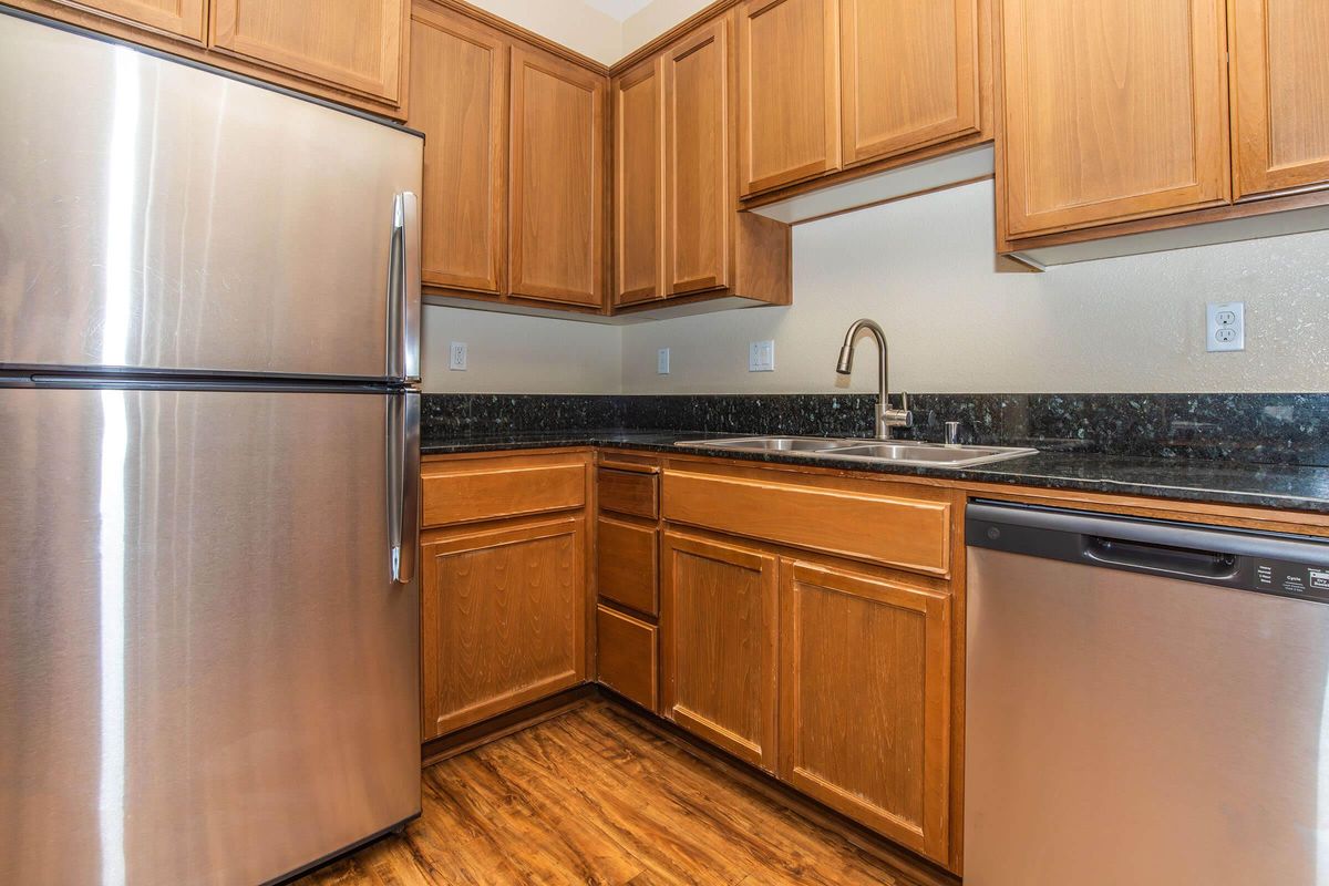 Modern kitchen featuring stainless steel appliances, including a refrigerator and dishwasher. Light wood cabinets line the walls, and a double sink with a modern faucet is installed on a dark granite countertop. The floor has a wood-like finish, creating a warm and inviting atmosphere.
