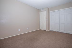 carpeted bedroom with closet doors