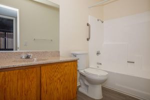 bathroom with wooden cabinets