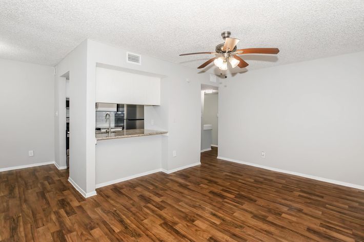 Interior view of a modern apartment showcasing a living area with light gray walls and wooden flooring. A ceiling fan is visible, and there is an opening to a kitchen with granite countertops. The space is well-lit and offers a clean, open layout with adjacent rooms leading to a bathroom or laundry area.