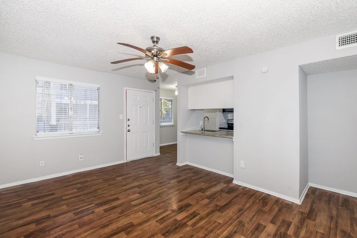 Interior view of a bright and spacious living area featuring hardwood floors, a ceiling fan, and large windows. The space includes a kitchen area with a countertop, and a door leading outside. The walls are painted in light colors, enhancing the airy feel of the room.