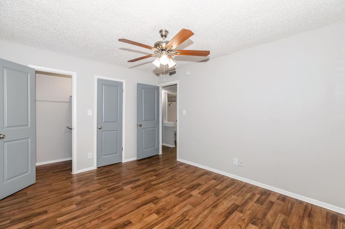 A spacious, well-lit bedroom featuring a ceiling fan with wooden blades, light gray walls, and hardwood flooring. The room has two open doors leading to closets or other areas, enhancing the sense of space. Natural light streams in, creating a welcoming atmosphere.