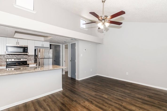 A modern, spacious living area with polished wood flooring. The kitchen features stainless steel appliances and a granite countertop. A ceiling fan is installed, and there are windows that allow natural light. The walls are painted in light gray, creating a bright and airy ambiance.