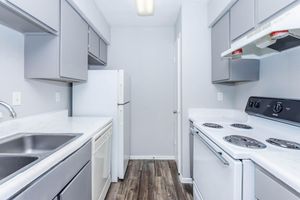 a kitchen with a stove sink and refrigerator