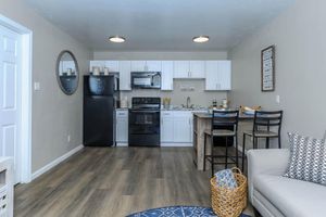 a living room filled with furniture and a stove