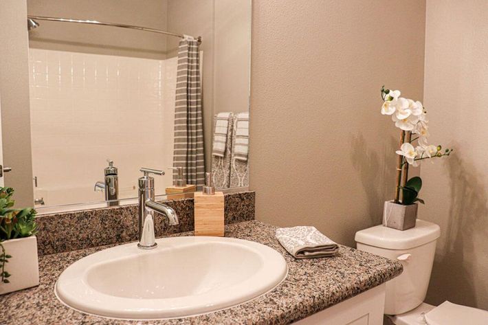 A modern bathroom featuring a granite countertop with a round sink and a sleek faucet. A white toilet sits beside the sink, and a potted orchid adds a touch of elegance. Gray towels are neatly arranged in the background, with a softly lit mirror reflecting the space. The walls are painted in a neutral tone.