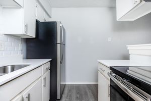 a kitchen with a stove sink and refrigerator