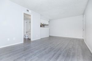An empty, modern living room with light gray walls and a smooth, gray laminate floor. A doorway on the left leads to a bathroom, while a partially visible kitchen is in the background. The space is bright and uncluttered, conveying a minimalist aesthetic.