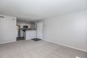 A spacious, modern living area featuring light gray walls and plush carpeting. The open layout connects to a well-equipped kitchen with stainless steel appliances and a breakfast bar. Natural light brightens the room, creating a welcoming atmosphere ideal for relaxation or entertaining.
