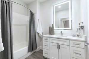 bathroom with a grey shower curtains