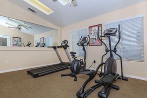 A well-lit home gym featuring a treadmill, an elliptical machine, and a stationary bike, with mirrors and windows that provide natural light. The walls are decorated with fitness posters, and the floor is covered in carpet.