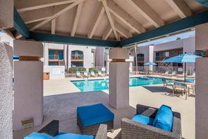Poolside lounge area with cabana at Azul Apartments in Phoenix, Arizona