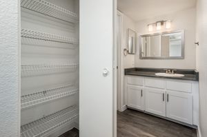 Closet and white bathroom vanity at Azul Apartments in Phoenix, Arizona