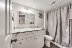 A modern bathroom featuring a white vanity with a granite countertop, a large mirror above, and a gray shower curtain. The walls are painted in a soft color, with a decorative black and white wall art piece. A towel rack holds gray towels, and the space is well-lit by wall-mounted lights.