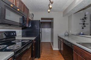 Modern kitchen featuring dark wood cabinetry, stainless steel appliances, and black appliances. Includes a smooth top stove, microwave, and a view of a hallway leading to another room. The countertops are gray, and the floor is hardwood. Stylish decor elements are visible on the walls.