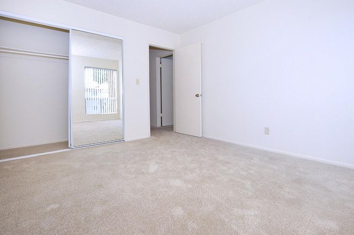Unfurnished carpeted bedroom with sliding mirror glass closet doors