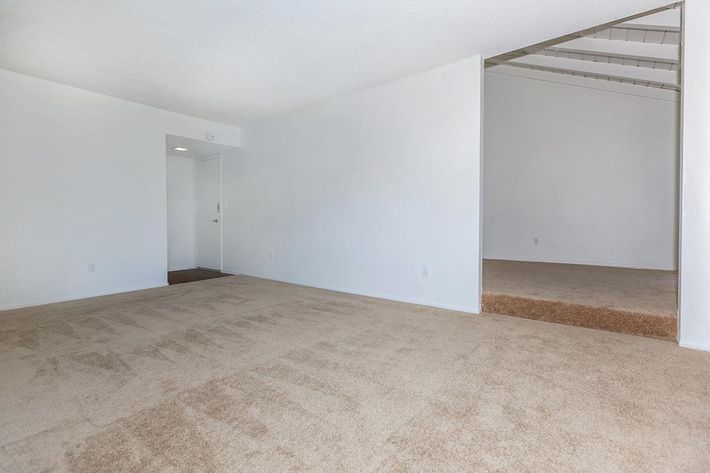 Carpeted room with a step