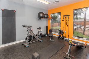 A home gym featuring a stationary bike, free weights, and resistance bands. There are exercise mats, a wall-mounted stability ball rack, and large windows providing natural light. The walls are painted gray and bright orange, creating a vibrant and motivating workout environment.