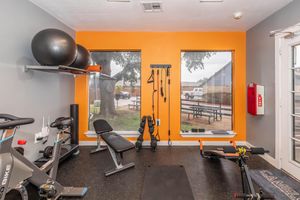 A bright and modern fitness room featuring various exercise equipment, including a stationary bike, weights, resistance bands, and a workout mat. Large windows provide natural light and a view outside, while an orange accent wall adds a pop of color. The space is neatly organized and conducive to workouts.