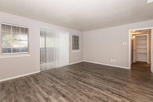 A spacious, empty room with gray walls and light wood flooring. Two windows with blinds on the left side allow natural light in. On the right, a doorway leads to a closet space. The overall atmosphere is bright and airy, suitable for various interior design options.
