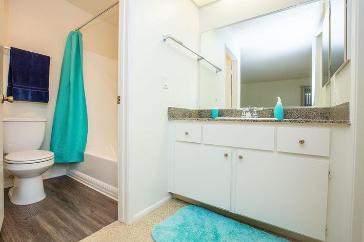 Bathroom with white cabinets and teal shower curtain