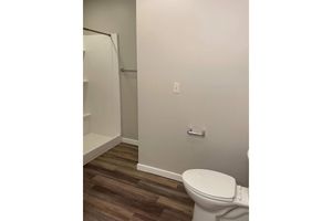A view of a bathroom featuring a toilet, a shower stall with a clear glass door, a towel rack on the wall, and wooden plank flooring. The walls are painted in a light gray color, creating a clean and modern look.