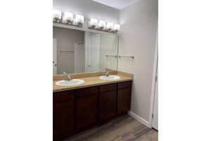 A well-lit bathroom featuring a double sink vanity with a granite countertop, dark wood cabinets, and a large mirror. The wall is painted in a light color, and there are modern light fixtures above the sinks. The floor is designed with wooden planks, adding a warm touch to the space.