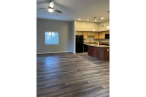 A spacious, modern living area with light-colored walls and laminate flooring. The room features a ceiling fan and a window with blinds. In the kitchen, there are wooden cabinets, a dark refrigerator, and a countertop with appliances. The overall feel is open and inviting.