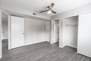 Spacious bedroom floor plan with built in closet space and a bathroom entryway 