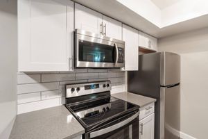 Close up view of kitchen stainless steel appliances