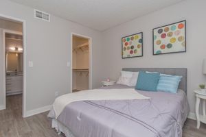 Modern bedroom with attached walk in closet and main bathroom