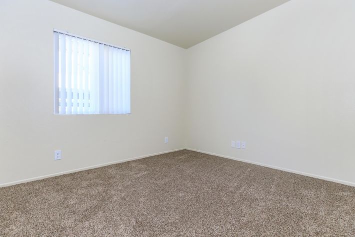 Vacant carpeted bedroom with a closed window