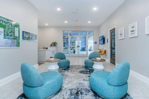 a living room with blue walls