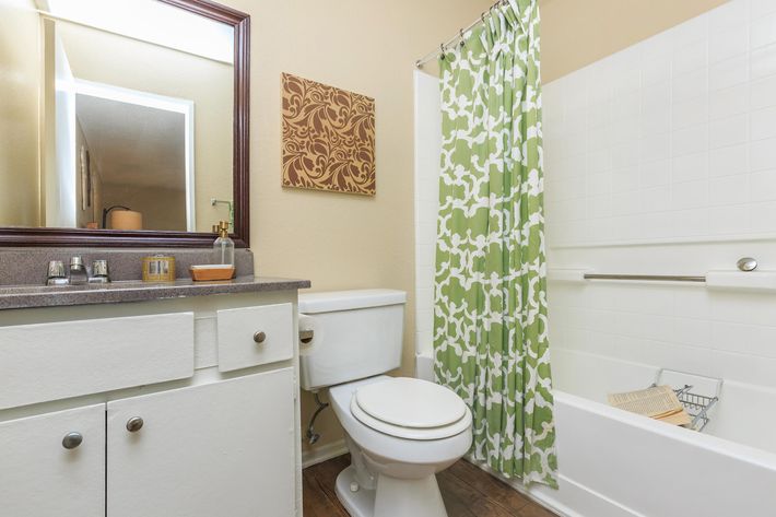 Furnished bathroom with green and white shower curtain