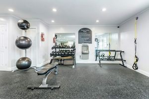 A modern gym interior featuring various fitness equipment. It includes a bench press with weight plates, a set of dumbbells, exercise balls, a water fountain, and straps for suspension training. The space is well-lit with neutral colors and a large mirror, creating an inviting workout environment.