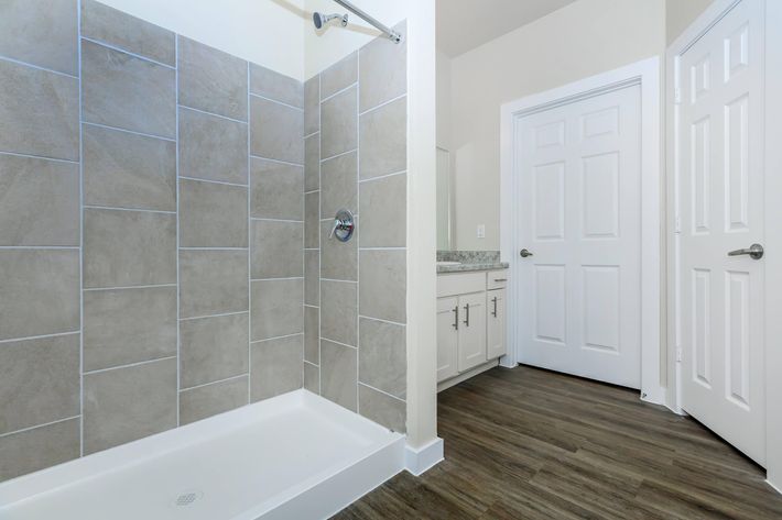 Apartments in Leander TX - Hills at Leander Expansive Bathroom with a Large Vanity, Shower, and Much More