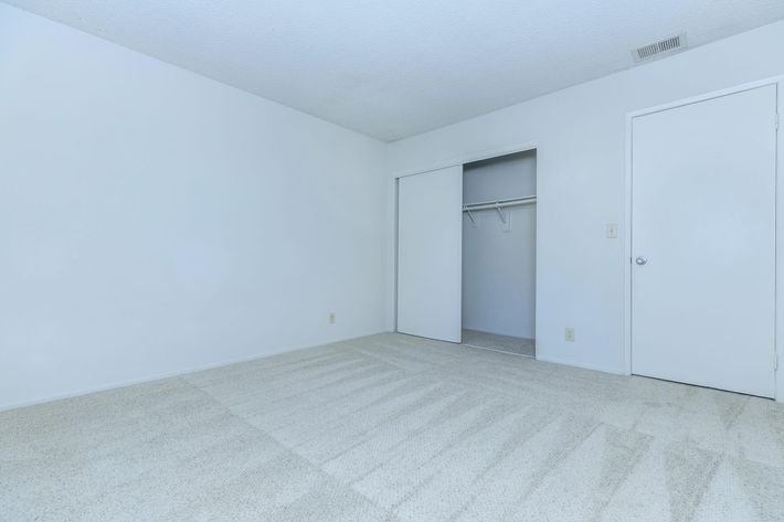 Unfurnished carpeted bedroom with open sliding closet door