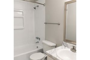 a shower that has a sink and a mirror