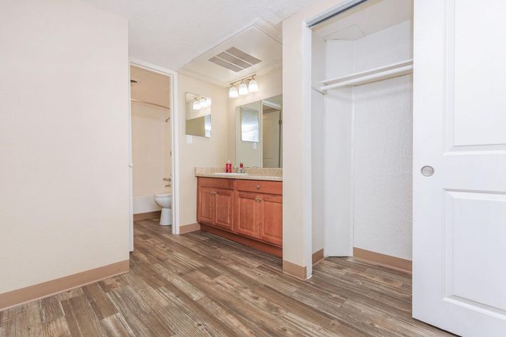 Bathroom and closet with wooden floors
